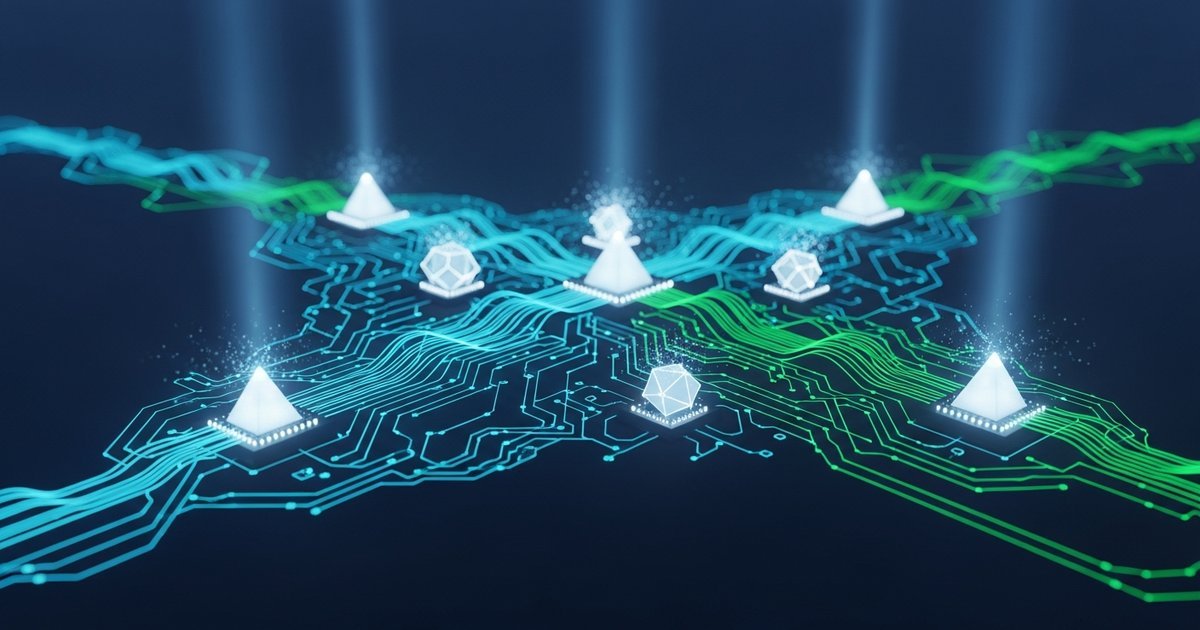 Advanced neural network architecture with semantic pathways glowing in emerald green and cyan
