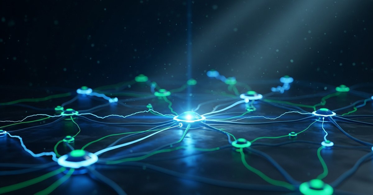 Advanced neural network architecture with semantic pathways glowing in emerald green and cyan