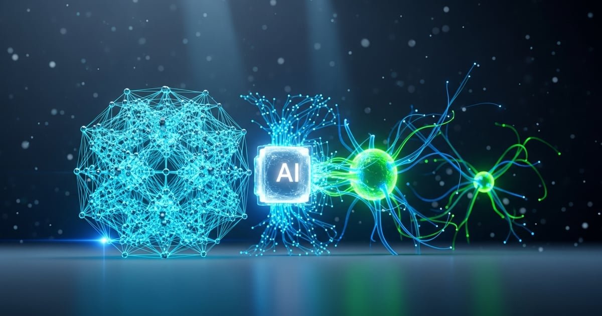 Advanced neural network architecture with semantic pathways glowing in emerald green and cyan