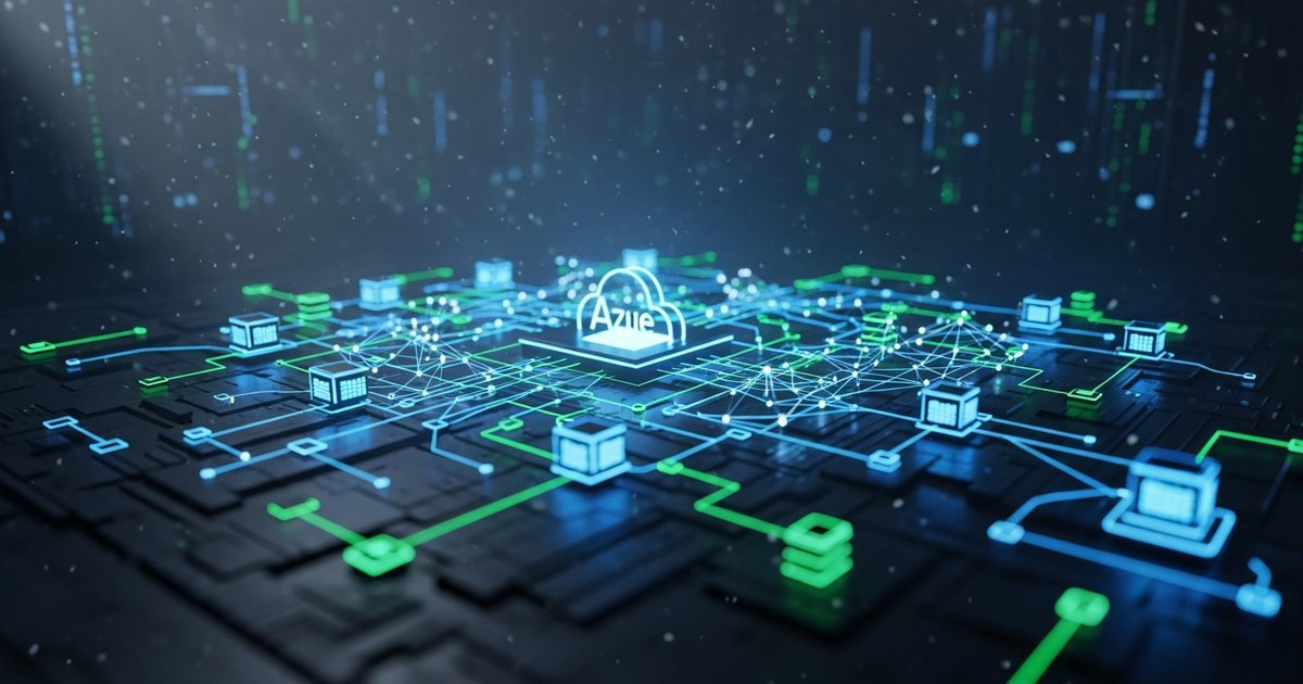 Azure cloud platform visualization with AI integration and distributed computing network in dark technical style