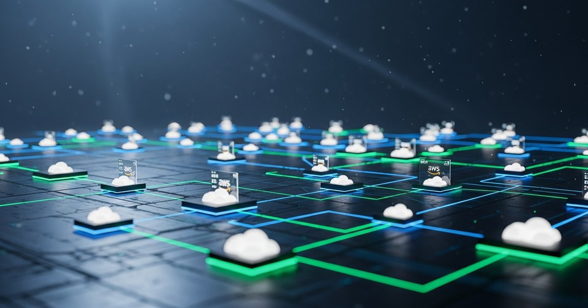 Distributed cloud infrastructure network with interconnected nodes representing AWS services and cloud computing
