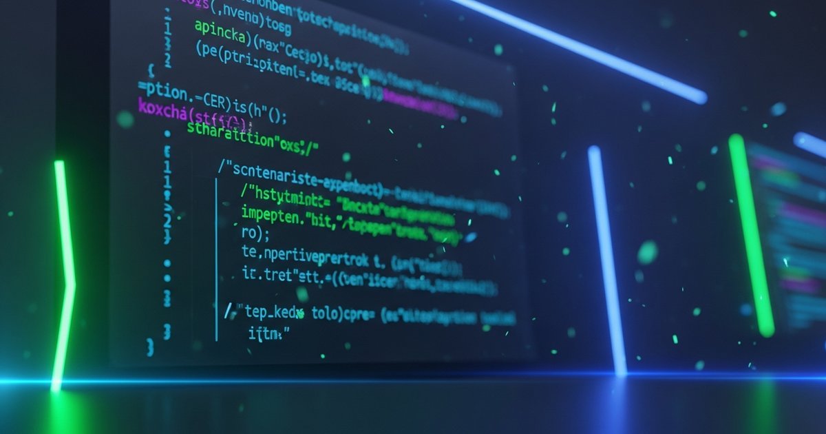 Code generation visualization with glowing cyan and green lines representing AI-assisted development and code synthesis