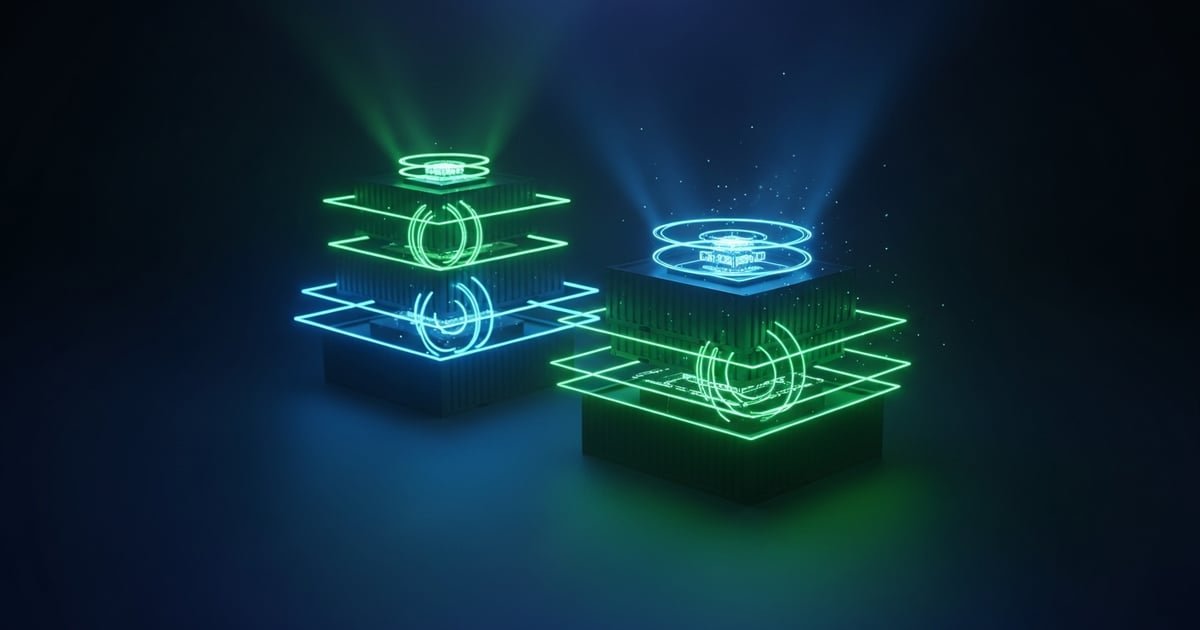 DevOps pipeline with automated deployment stages and containerized workloads in tech neon style