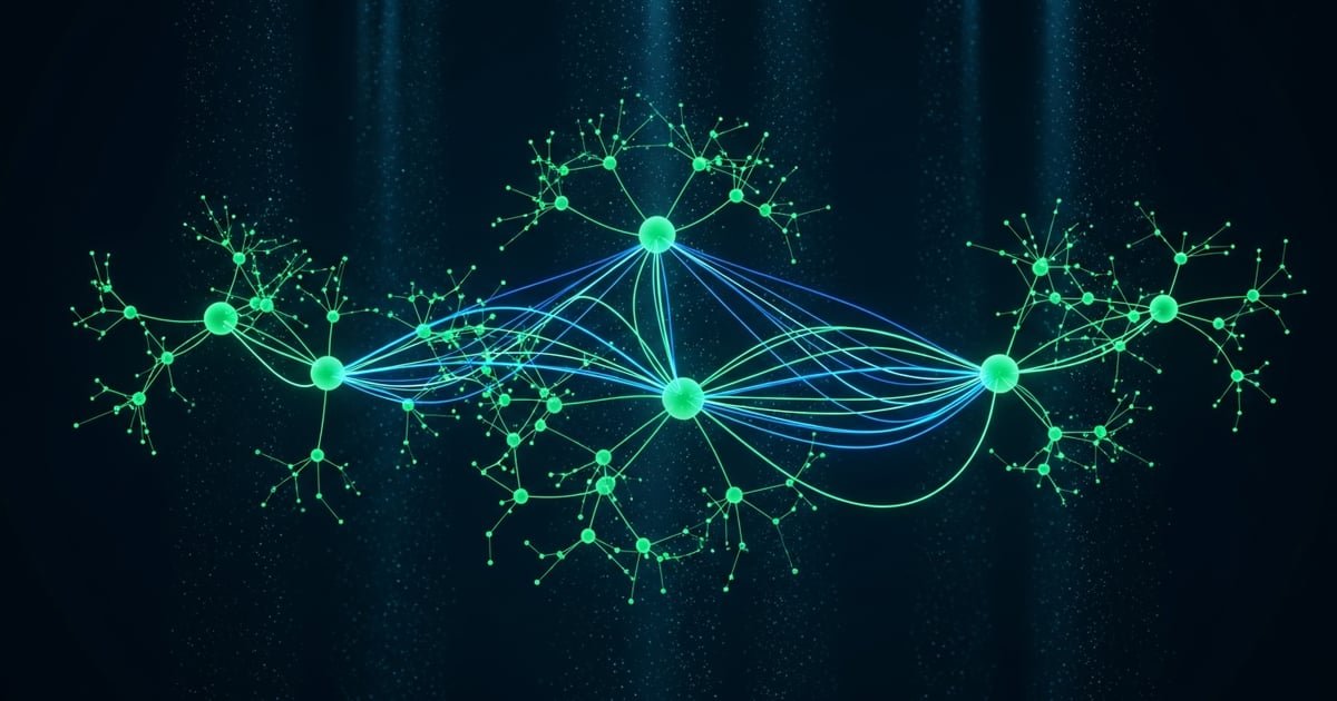 Advanced neural network architecture with semantic pathways glowing in emerald green and cyan