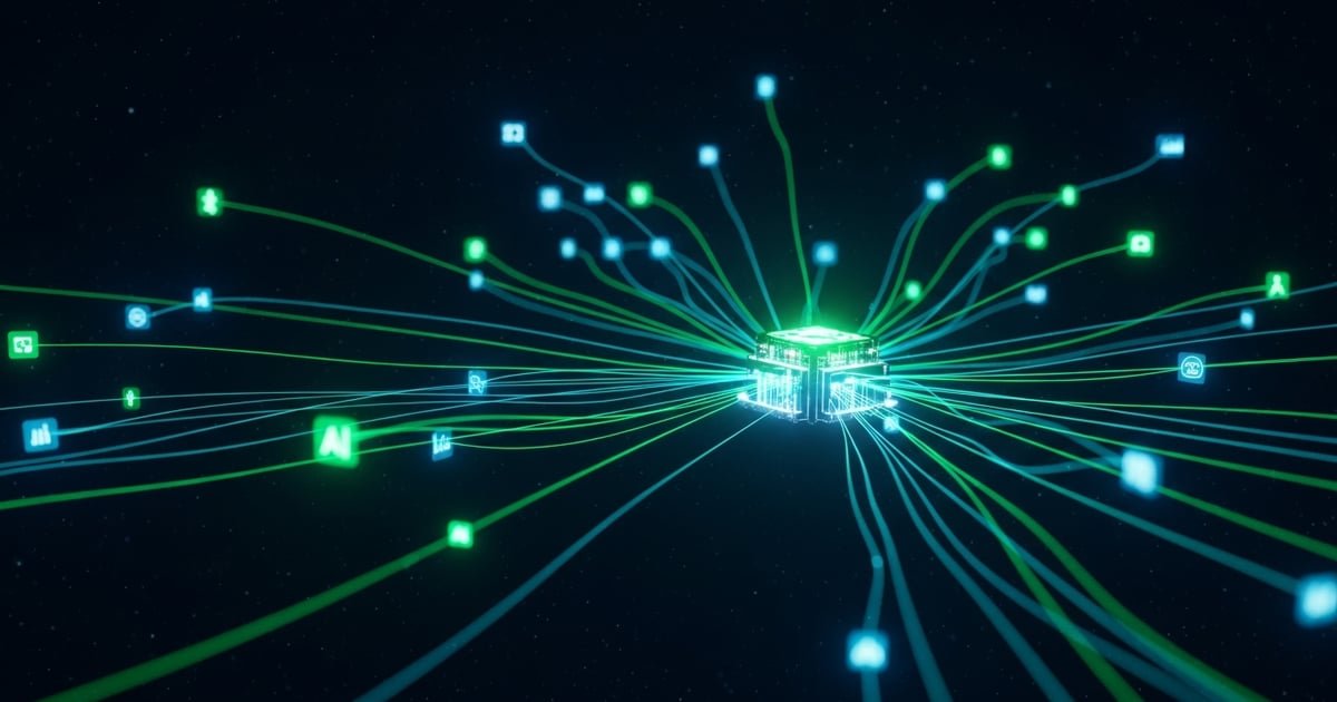 Advanced neural network architecture with semantic pathways glowing in emerald green and cyan