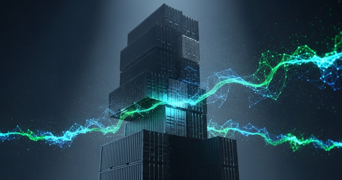 Stacked containers glowing with cyan and emerald green neon, representing Docker Model Runner and containerized AI model execution.