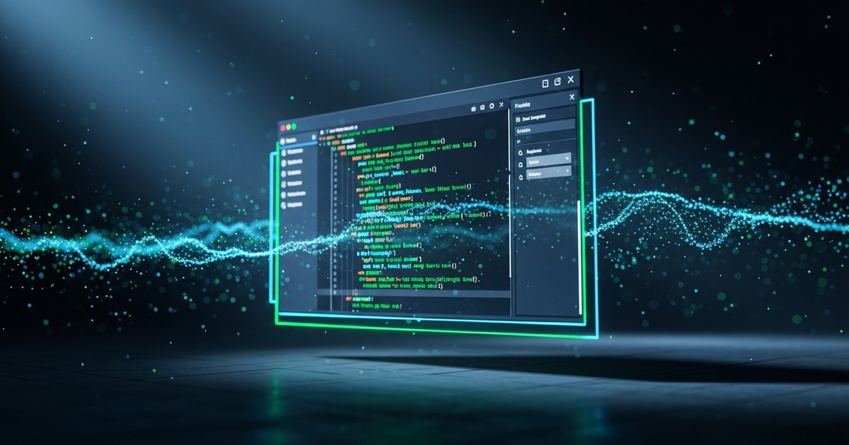 A glowing code editor interface with emerald green and cyan neon highlights against dark background, depicting AI-native integrated development environment.