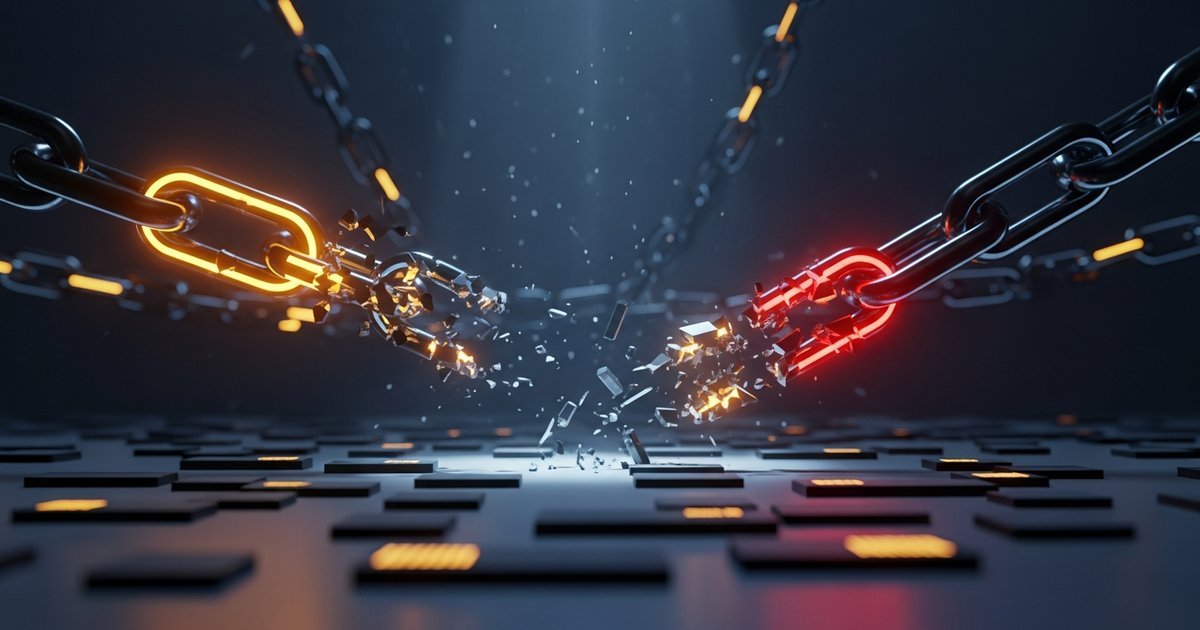 A fractured digital network pathway glowing in vibrant red and orange neon, depicting compromised packages and supply chain vulnerabilities on dark background.