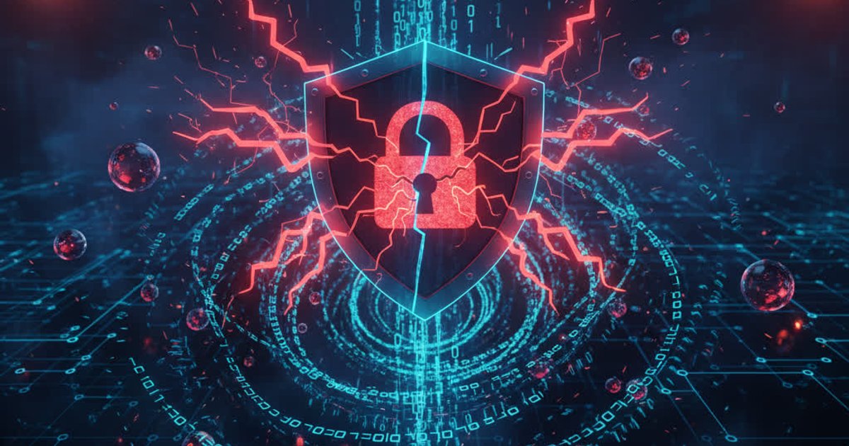 Cybersecurity defense visualization with threat detection and protective barriers in red and cyan