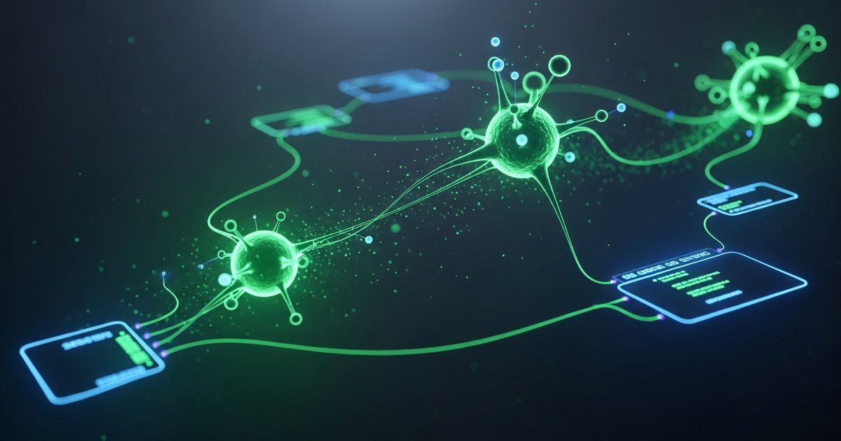Advanced neural network architecture with semantic pathways glowing in emerald green and cyan