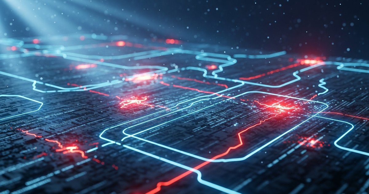 Code analysis and security scanning visualization with vulnerability detection pathways glowing in red and amber against dark background